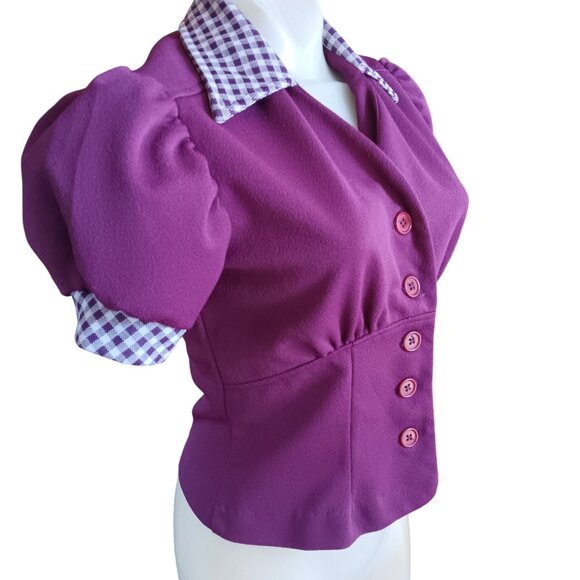 Vintage Medium Women's Top Puff Sleeves Texas Purple Blouse Gingham Collar Crop - Picture 3 of 5